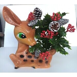 Vintage Blow Mold Spotted Fawn Deer Christmas Planter with Plastic Greenery